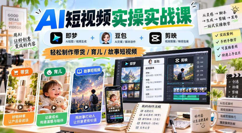 AI短视频实操实战课,即梦+豆包+剪映,轻松制作带货/育儿/故事短视频|副业联盟