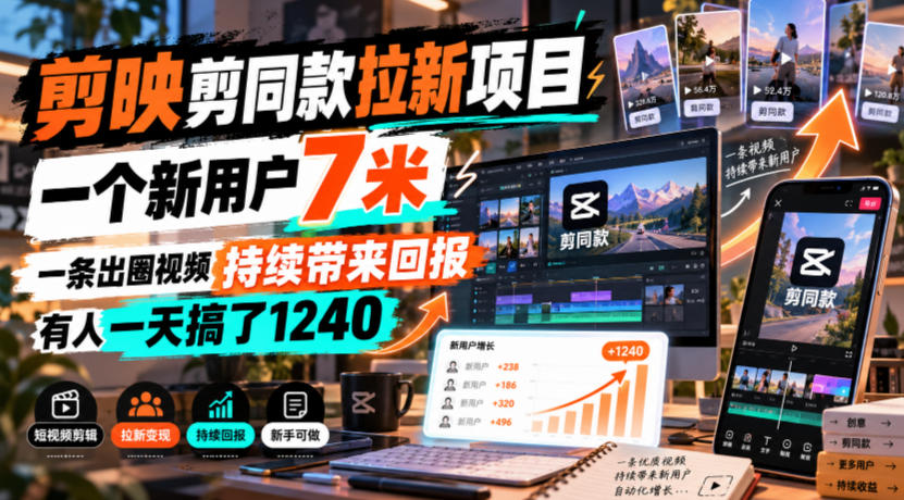 剪映剪同款拉新项目,一个新用户7米,一条出圈视频持续带来回报,有人一天搞了1240|副业联盟