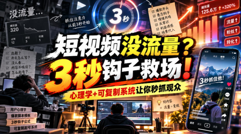【无水印】短视频没流量?3秒钩子救场!心理学+可复制系统让你秒抓观众【原创双语字幕】|副业联盟
