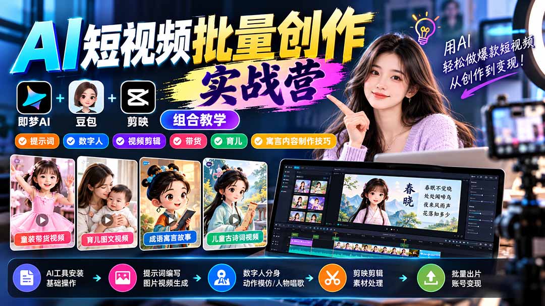 【无水印】AI短视频批量创作实战营:即梦+豆包+剪映组合教学,提示词/数字人/视频剪辑/带货/育儿/寓言内容制作技巧|副业联盟
