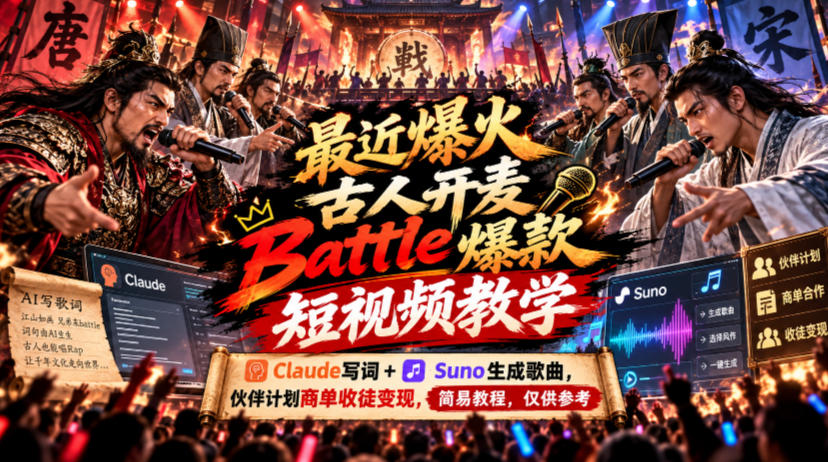 最近爆火古人开麦Battle爆款短视频教学,Claude写词+Suno生成歌曲,伙伴计划商单收徒变现,简易教程,仅供参考|副业联盟