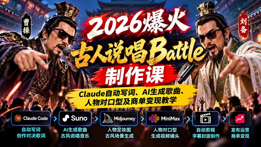2026爆火古人说唱Battle制作课:Claude自动写词、AI生成歌曲、人物对口型及商单变现教学|副业联盟