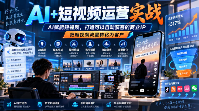 AI+短视频运营实战,AI赋能短视频,打造可以自动获客的商业IP,把短视频流量转化为客户|副业联盟