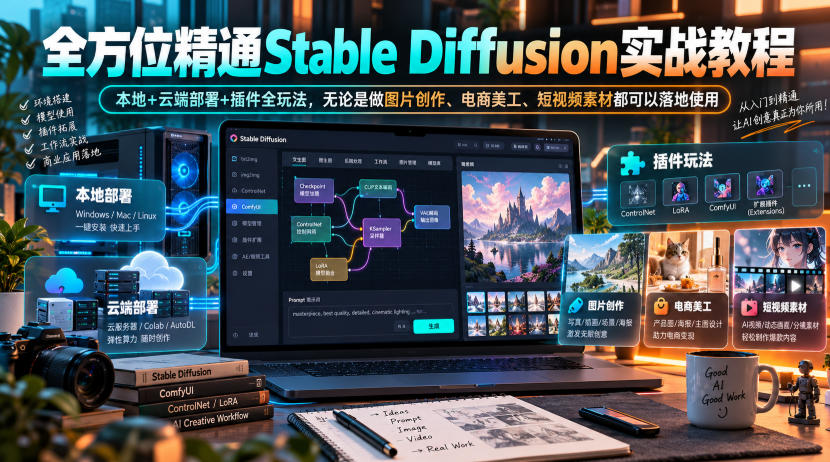 全方位精通Stable Diffusion实战教程|本地+云端部署+插件全玩法,无论是做图片创作、电商美工、短视频素材都可以落地使用|副业联盟