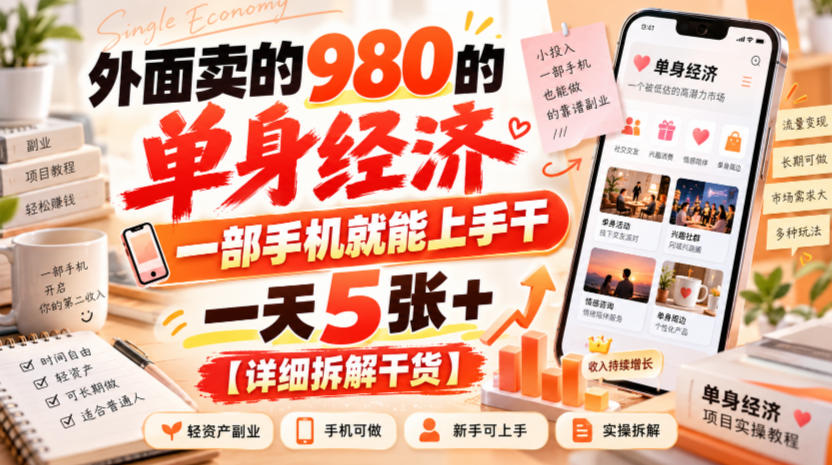 外面卖的980的单身经济,一部手机就能上手干,一天5张+【详细拆解干货】|副业联盟