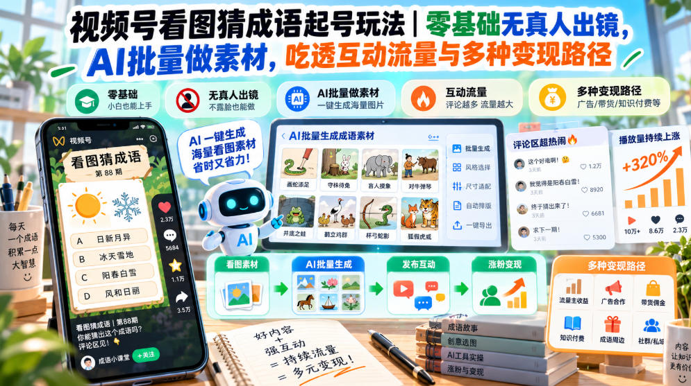 视频号看图猜成语起号玩法|零基础无真人出镜,AI批量做素材,吃透互动流量与多种变现路径|副业联盟