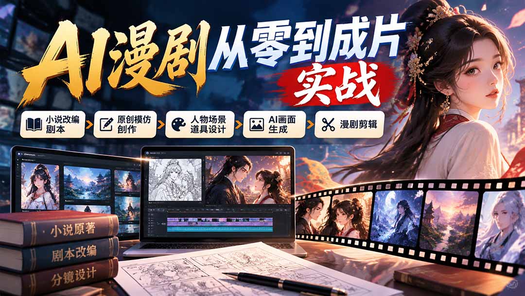 AI漫剧从零到成片实战:小说改编剧本、原创模仿创作、人物场景道具设计、AI画面生成与漫剧剪辑|副业联盟