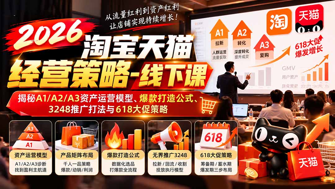 2026淘宝天猫经营策略-线下课-更新1019：揭秘A1/A2/A3资产运营模型、爆款打造公式、3248推广打法与618大促策略|副业联盟
