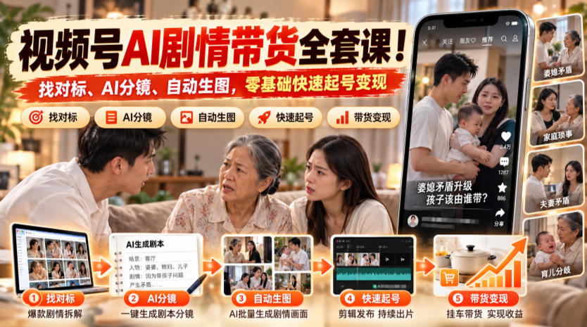 视频号AI剧情带货全套课!找对标、AI分镜、自动生图,零基础快速起号变现|副业联盟