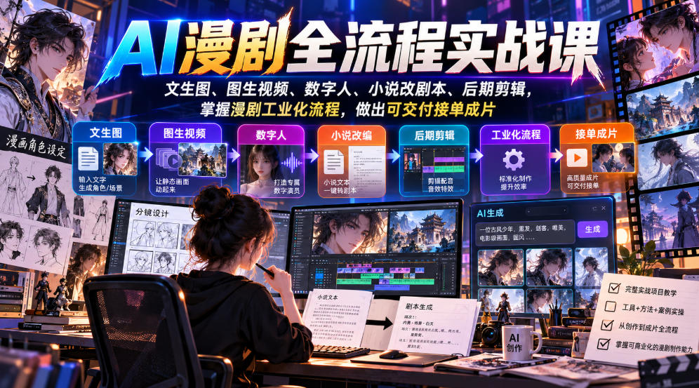 AI漫剧全流程实战课,文生图、图生视频、数字人、小说改剧本、后期剪辑,掌握漫剧工业化流程,做出可交付接单成片|副业联盟
