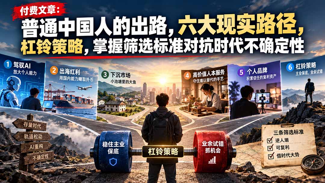 付费文章:普通中国人的出路,六大现实路径,杠铃策略,掌握筛选标准对抗时代不确定性|副业联盟