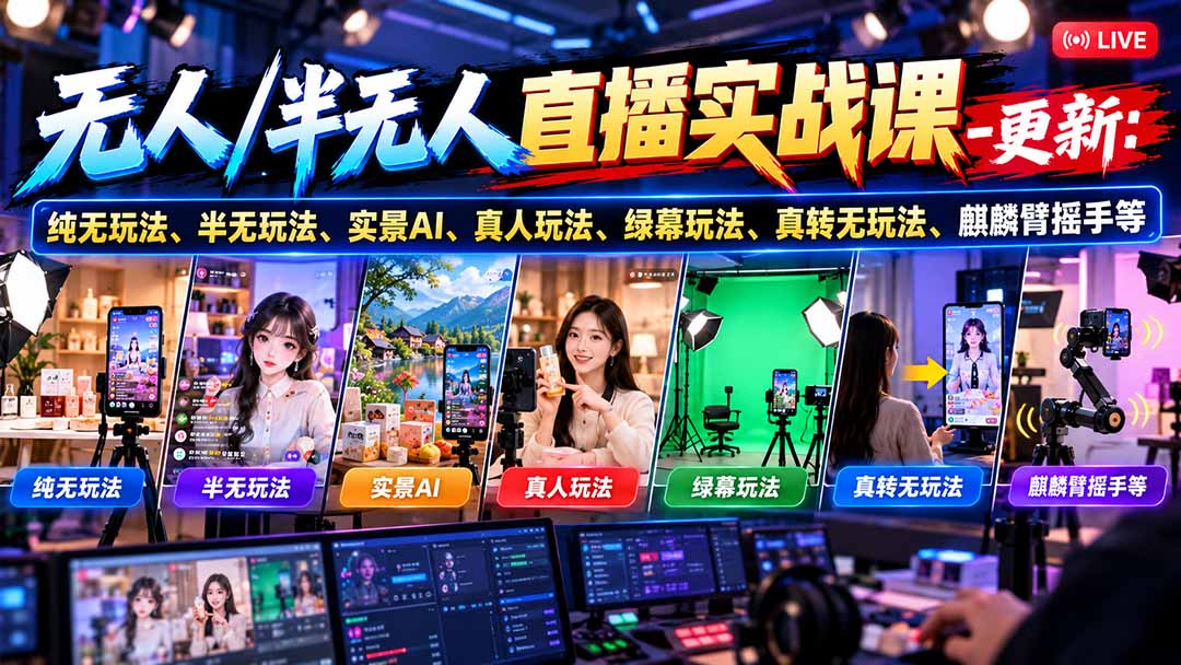 无人/半无人直播实战课-10月20更新:纯无玩法、半无玩法、实景AI、真人玩法、绿幕玩法、真转无玩法、麒麟臂摇手等|副业联盟