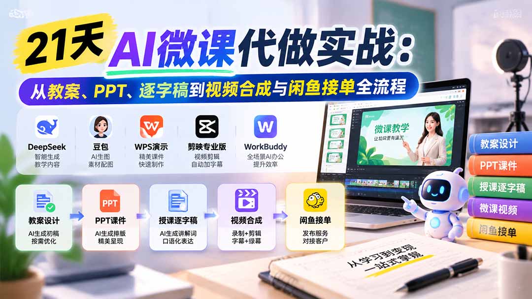 21天AI微课代做实战:从教案、PPT、逐字稿到视频合成与闲鱼接单全流程|副业联盟