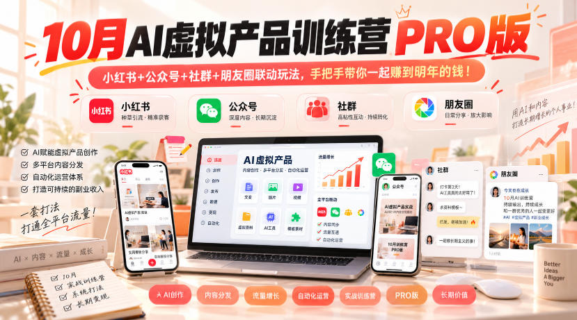 10月AI虚拟产品训练营PRO版，小红书+公众号+社群+朋友圈联动玩法，手把手带你一起赚到明年的钱！|副业联盟