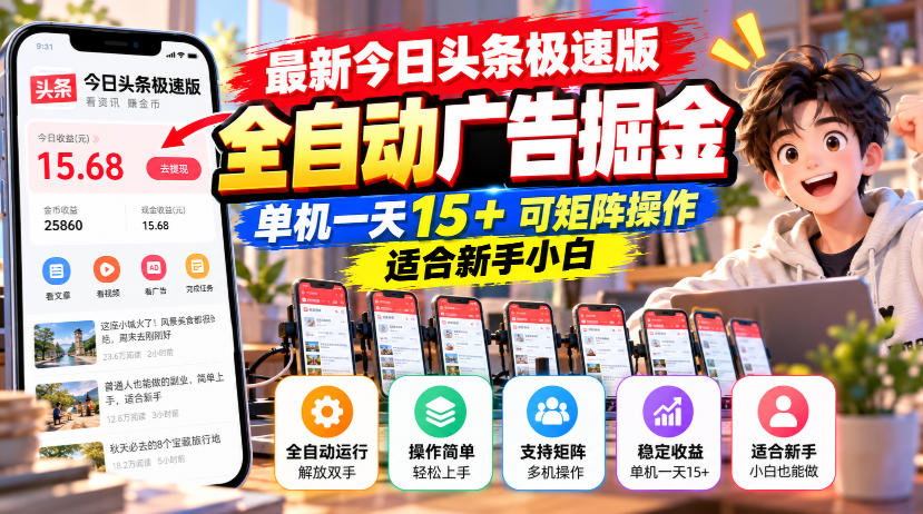 最新今日头条极速版全自动广告掘金,单机一天15+可矩阵操作适合新手小白|副业联盟
