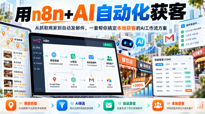 【无水印】用n8n+AI自动化获客,从抓取商家到自动发邮件,一套帮你搞定本地获客的AI工作流方案【原创双语字幕】|副业联盟