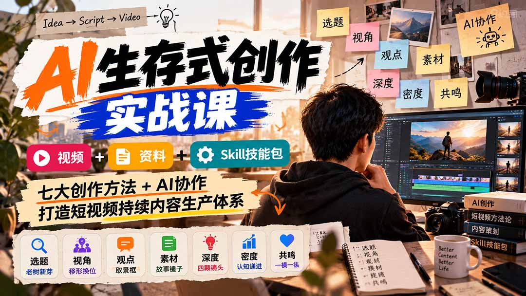 AI生存式创作实战课:视频+资料+Skill技能包,七大创作方法+AI协作,打造短视频持续内容生产体系|副业联盟
