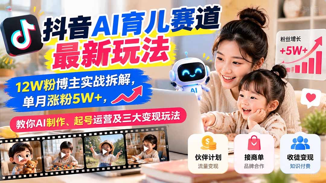 抖音AI育儿赛道最新玩法:12W粉博主实战拆解,单月涨粉5W+,教你AI制作、起号运营及三大变现玩法|副业联盟