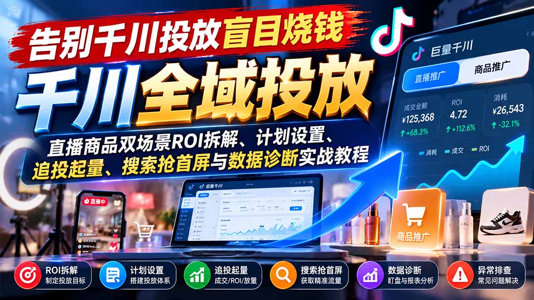 告别千川投放盲目烧钱：直播商品双场景ROI拆解、计划设置、追投起量、搜索抢首屏与数据诊断实战教程|副业联盟