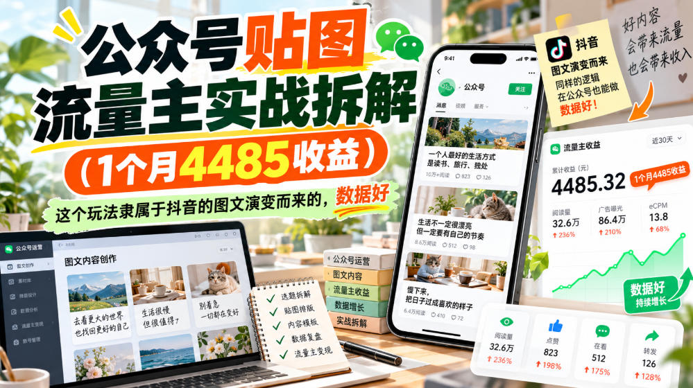 公众号贴图流量主实战拆解(1个月4485收益)，这个玩法隶属于抖音的图文演变而来的，数据好|副业联盟