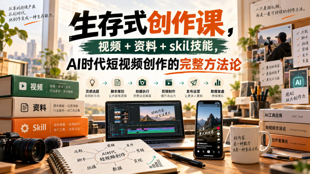 生存式创作课,视频+资料+skil技能,ai时代短视频创作的完整方法论|副业联盟