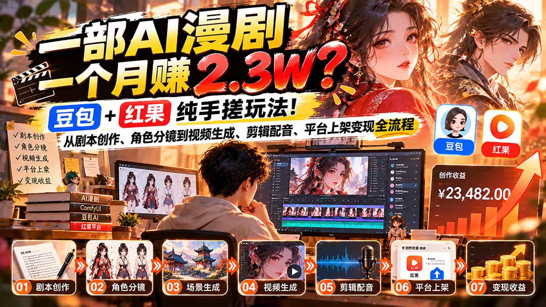 一部AI漫剧一个月赚2.3W?豆包+红果纯手搓玩法!从剧本创作、角色分镜到视频生成、剪辑配音、平台上架变现全流程|副业联盟