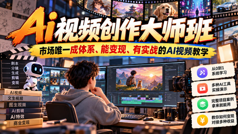 Ai视频创作大师班，市场唯一成体系、能变现、有实战的AI视频教学(更新2026) - 副业联盟|副业联盟