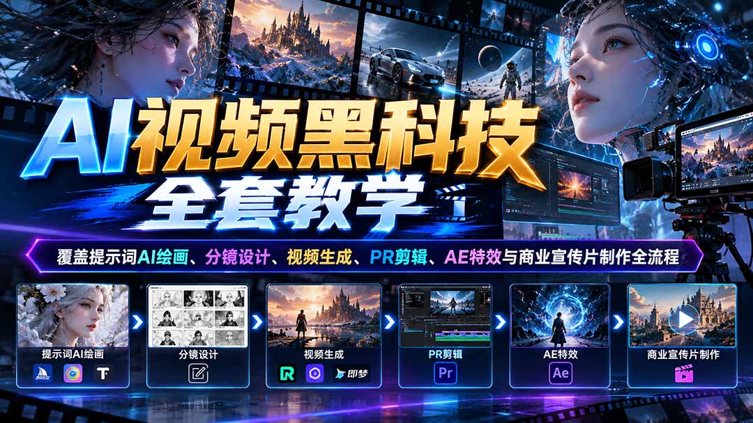 AI视频黑科技全套教学:覆盖提示词AI绘画、分镜设计、视频生成、PR剪辑、AE特效与商业宣传片制作全流程|副业联盟