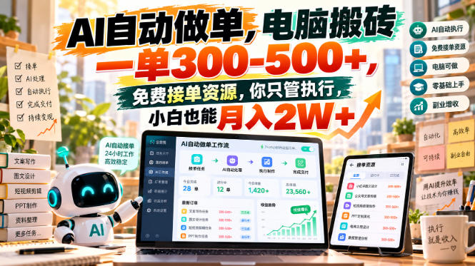 AI自动做单，电脑搬砖一单300-500+，免费接单资源，你只管执行，小白也能月入2W+【揭秘】|副业联盟