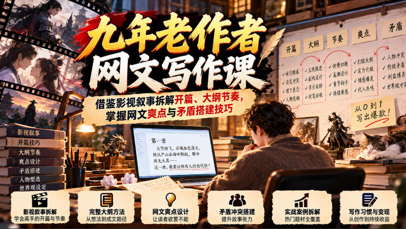 九年老作者网文写作课：借鉴影视叙事拆解开篇、大纲节奏，掌握网文爽点与矛盾搭建技巧|副业联盟