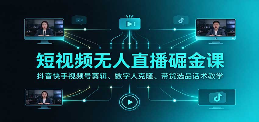 短视频无人直播掘金课：抖音快手视频号剪辑、数字人克隆、带货选品话术教学|副业联盟