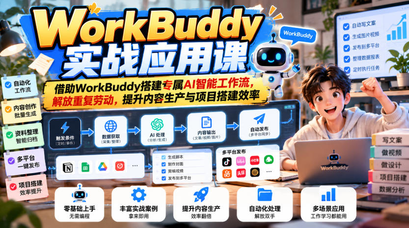 WorkBuddy实战应用课，借助WorkBuddy搭建专属AI智能工作流，解放重复劳动，提升内容生产与项目搭建效率|副业联盟