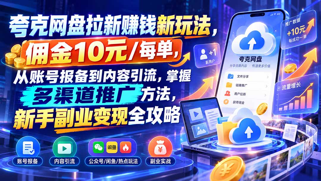 夸克网盘拉新赚钱新玩法,佣金10元/每单,从账号报备到内容引流,掌握多渠道推广方法,新手副业变现全攻略|副业联盟