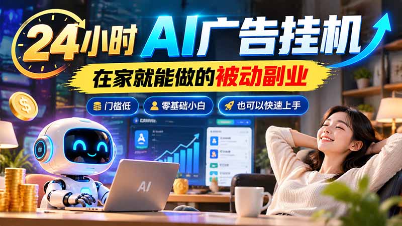 24小时AI广告挂机|在家就能做的被动副业,门槛低,零基础小白也可以快速上手|副业联盟