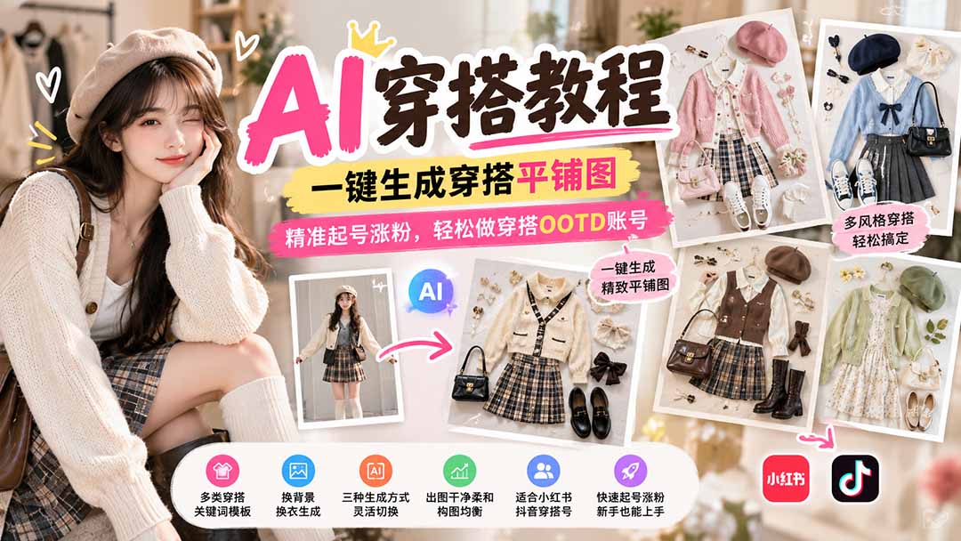 【无水印】AI穿搭教程｜一键生成穿搭平铺图，精准起号涨粉，轻松做穿搭OOTD账号 - 副业联盟|副业联盟