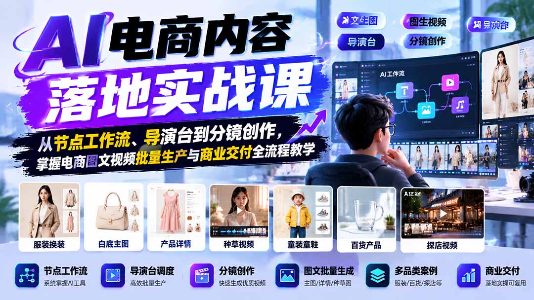 AI电商内容落地实战课：从节点工作流、导演台到分镜创作，掌握电商图文视频批量生产与商业交付全流程教学|副业联盟
