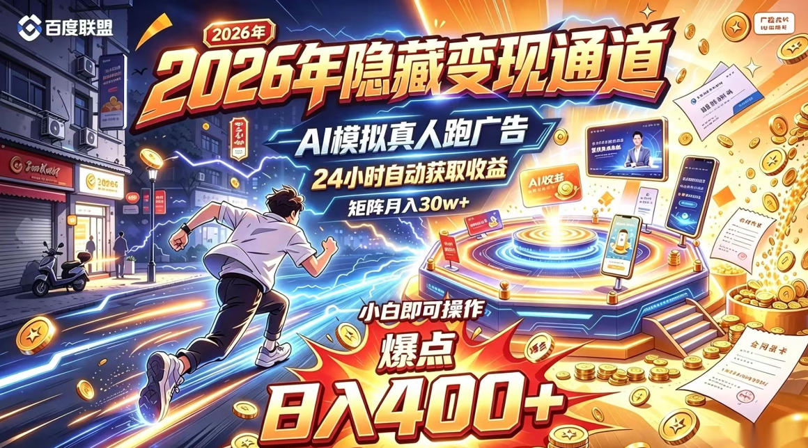 2026年别死磕自媒体，隐藏变现通道，AI模拟真人自动跑广告，小白即可操作，日入400+，矩阵月入可达到30w+【揭秘】|副业联盟