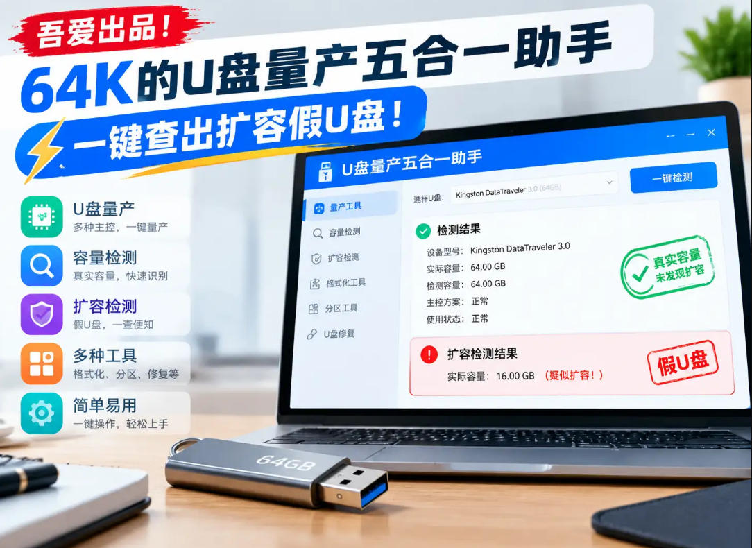 吾爱出品！64K的U盘量产五合一助手，一键查出扩容假U盘！ - 副业联盟|副业联盟