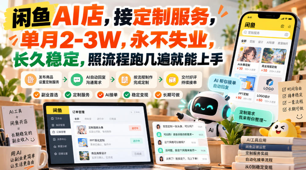 闲鱼AI店,接定制服务,单月2-3W,永不失业,长久稳定,照流程跑几遍就能上手|副业联盟