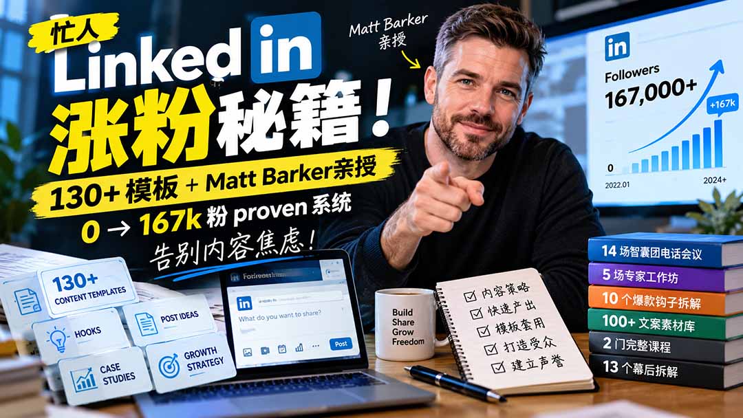 【无水印】忙人LinkedI 涨粉秘籍!130+模板+Matt Barker亲授:0→167k粉proven系统,告别内容焦虑【原创双语字幕】|副业联盟