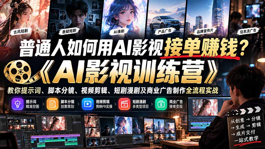 普通人如何用AI影视接单赚钱？《AI影视训练营》教你提示词、脚本分镜、视频剪辑、短剧漫剧及商业广告制作全流程实战|副业联盟