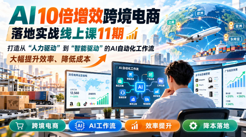 AI 10倍增效跨境电商落地实战线上课11期,打造从人力驱动到智能驱动的AI自动化工作流,大幅提升效率、降低成本|副业联盟