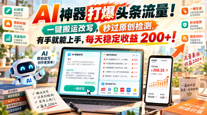 AI神器打爆头条流量，一键搬运改写，秒过原创检测，有手就能上手，每天稳定收益200+！【揭秘】|副业联盟