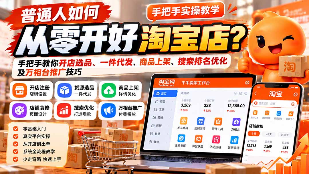 普通人如何从零开好淘宝店?手把手教你开店选品、一件代发、商品上架、搜索排名优化及万相台推广技巧|副业联盟