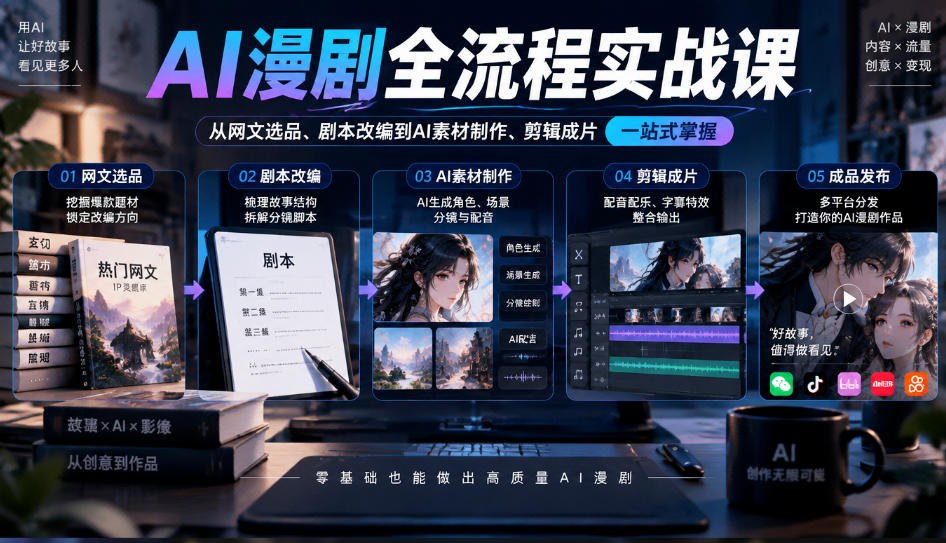 AI漫剧全流程实战课,覆盖从网文选品、剧本改编到AI素材制作、剪辑成片的完整链路|副业联盟