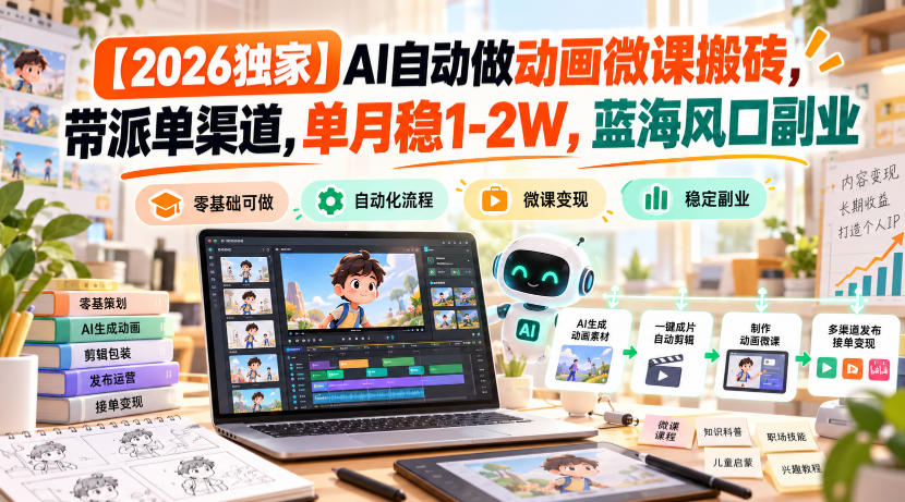 【2026独家】AI自动做动画微课搬砖,带派单渠道,单月稳1-2W,蓝海风口副业【揭秘】|副业联盟