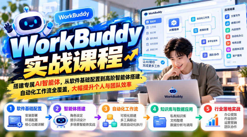 WorkBuddy实战课程,搭建专属AI智能体,从软件基础配置到高阶智能体搭建、自动化工作流全覆盖,大幅提升个人与团队效率|副业联盟