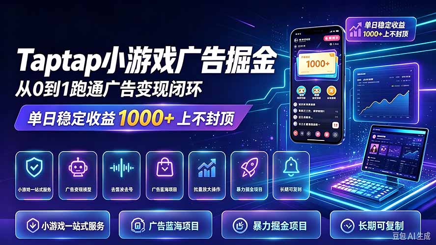 TapTap小游戏广告掘金日赚收益1000+上不封顶|副业联盟