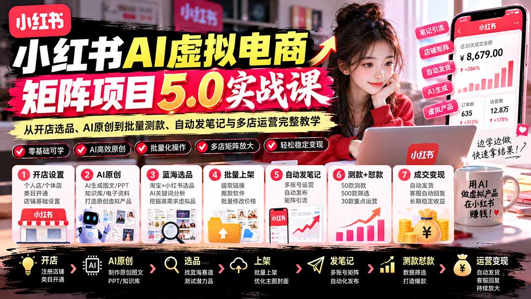 小红书AI虚拟电商矩阵5.0实战课:从开店选品、AI原创到批量测款、自动发笔记与多店运营完整教学|副业联盟