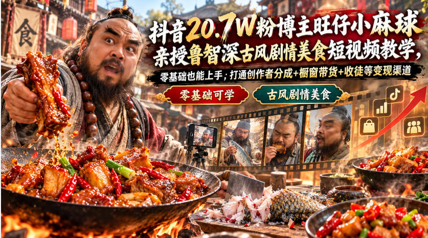 抖音20.7W粉博主旺仔小麻球亲授鲁智深古风剧情美食短视频教学，零基础也能上手，打通创作者分成+橱窗带货+收徒等变现渠道 - 副业联盟|副业联盟